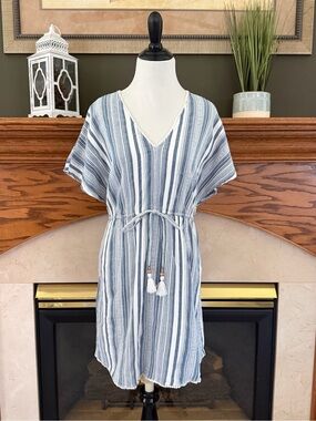 Goa Beachwear by Japna Striped Blue & White Swim Coverup with Tassel Tie‎ Small